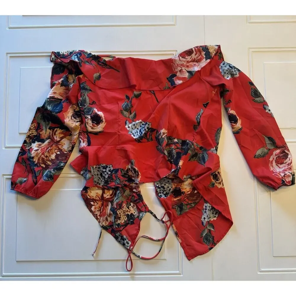 Jayvee Red Floral Ruffle Neck Waist Tie Chiffon Wrap Style Shirt, Sz L - Picture 2 of 7